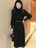 Female Black Knitted Sweater Dresses for Women Elegant Ladies Turtleneck Long Sleeve Midi Vestidos Autumn Winter
