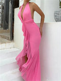 Sexy Women Y2K Ruffles Long Dress Dress Deep V-neck Halter Backless Dress Split Beach Party Club Outfits Vestido 2023-Outfit