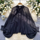 Top Spring Fashion Bow Tie With Lantern Sleeves Long Sleeves Loose Shirt
