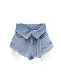 Women's Denim Shorts High Waist Fluorescent Green Cuffs Design Belt Wide Leg Short Pants 2024 Summer New Fashion 29L1819-Outfit
