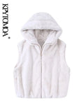 Women Fashion Front Pockets Faux Fur Hooded Waistcoat Vintage Sleeveless Zipper-up Female Outerwear Chic Vest