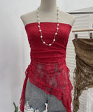 Thai Hottie Sexy Hollow Lace Tradious Sleeveless Top Irregular Ribbon Vest