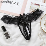 Women Pearl Crotch Open Lace Thong Slim Transparent Lingerie G-String Solid Color Girl Temptation Massage Underwear