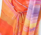 Halter Collar Orange Gradient Tie dye print Cross lacing up Bow Backless Sling Dress Women Irregular Mini Robe Vestido-Outfit