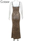 Women's Leopard Printed Maxi Dress Elegant Spaghetti Strap Backless Lace-up Robe Skinny Retro Dresses Vestidos New 2023-Outfit