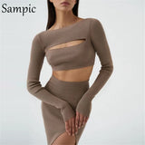 Sexy Women Knitted Hollow Out Skirt Set Long Sleeve Crop Top And Mini Bodycon Skirt Two Piece Set Autumn Suit