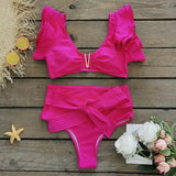 2025 New Solid Color Split Body Swimsuit Female Heavy Industry Pressure Line Lotus Edges Sexy Bikini