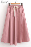 Summer A Line Skirts Women Fashion High Waist Korean Large Pocket With Drawstring Solid Color Casual Chic Skirt