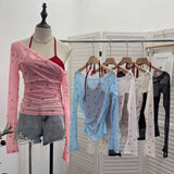 Fake Two Hanging Neck Sling Long-Sleeved T-Shirt Two Sets Of Thin Outer Sunshield Shirt Short Oblique Shoulder Coat