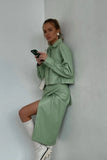 Fashion Faux Leather Women Suit Turn Down Collar Button Crop Coat Top High Waist Split Midi Skirt Fall Two Piece