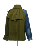 Women's Denim Windbreak Patchwork Contrast Color Stand Collar Loose Split Epaulet Jacket 2024 Summer New Fashion 1B093-Outfit
