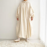 Stand Loose Plus Size Solid White Lantern Sleeve Hemp Cotton Cardigan Woman Dress 425-1-Outfit