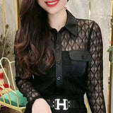 Women's Clothing Sexy Lace Sheer Shirt 2023 Spring Summer Long Sleeve Slim Fashion Pockets Spliced Casual Single-breasted Blouse-Outfit