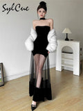 Winter Party Black Mysterious Sexy Mature Beautiful Elegant Graceful Sweet Gentle Women'S Halter Tulle Stitching Dress-Outfit