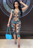 Party Sexy Multi Color Print 3 Piece Lace-Up Dress