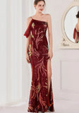 Sequin One Shoulder Slit Long Evening