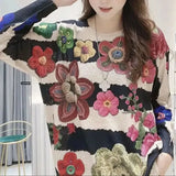 Loose Floral Printed Round Neck Knitted T-shirt 2023 Women's Clothing All-match Fashion Chic Patchwork Long Sleeve