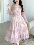 Floral Pink Dress Women Print Fairy Midi Dresses Female Holiday High Street Designer Chic Korean Fashion Strap Dress