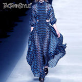 Summer Print Dress For Women Stand Collar Long Sleeve High Waist Hollow Out Midi Dresses Female Fashion 2022