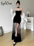 Winter Party Black Mysterious Sexy Mature Beautiful Elegant Graceful Sweet Gentle Women'S Halter Tulle Stitching Dress-Outfit