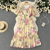 Women Summer Pleated Print Dress 2022 Vacation Ruffle Floarl Gentle Short Sleeves Ladies Slim A Line Long Dresses