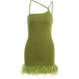 Hairy Pendulum Slanted Shoulder Strap Hip Dress Sexy Slim Spicy Girl Bare Back Fashion Skirt-Outfit