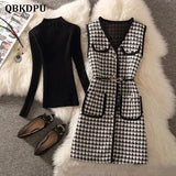 plaid Mid-Length Tweed Vest Jacket with belt Casual Long Waistcoat And Knitted Sweater Elegant 2 Piece Set Women Outfits 703-1-Outfit