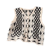 Vest Women Vintage Outerwear Slim Single Breasted V-neck Hollow Out Patchwork Knitting Art Retro Newest Design