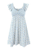 White Blue Flower Print Ruffle Strap Mini Dress V neck Ruched Elastic Chest Corset Sleeveless Short Tank Robe Holiday Woman-Outfit