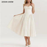 Romantic Bra with Wire Corset Style Low Waist Spliced Ruched Pleated Swing Long Midi Dress Women Sexy Summer Sling Robe-Outfit