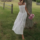 Ruched Chest Corset Style Sling Dress Low Waist Spliced Folded Swing Long Midi Women Elastic Strap Sleeveless Robe White-Outfit