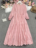 New Spring Fashion All-match O-neck long sleeve Dress high waist slim hollow out lace solid