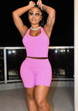 Sexy U-neck Sleeveless Solid Two Piece Shorts