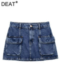 Women's Denim Skirt High Waist Double Pockets Navy Blue American Cargo Style Mini Skirt 2024 Summer New Fashion 29L2333-Outfit