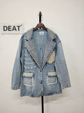 Women Denim Blazers Patchwork Notched Collar Pearls Diamond Embroidered Flares Suit Jackets 2024 Summer New Fashion 29L6434-Outfit