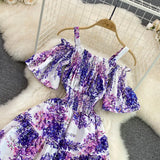 Fashion Runway Summer Dress Women's Slash Neck Cool Off Shoulder Spaghetti Strap Bellflower Printing Vacation Midi