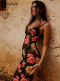 Women's Flower Printed Elegant Maxi Dress Sexy Spaghetti Lady Long Dresses Backless Black Mesh Patchwork Party Robe-Outfit