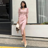 Sexy V-neck Lace Up Women Sweater Dress Elegant Side Split Autumn Winter Dress Female Sheath Knit Jumpers Vestidos