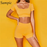 Summer 2021 Sport Women Short Sleeve Set Skinny Yellow Tracksuit Casual Tops And Biker High Waisted Shorts Two Piece