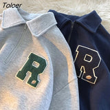 Street American Half Zip Long Sleeve POLO Shirt Sweatshirt Gray Cotton Oversized Pullover Korean Streetwear Winter