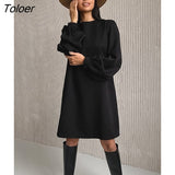 Sexy Black A-Line Short Dresses Women 2022 Backless Puff Sleeve Elegant Dress Solid Autumn Lace Up Casual O Neck Dress