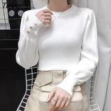 Elegant Puff Sleeve Sweaters Women Autumn Winter Metal Buttons Knitted Pullovers Woman 2023 Solid Color Women's