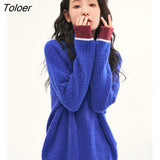 Women Sweater 2022 Winter Long Sleeve High Collar Loose Knitted Pullover Vintage Red Cuffs Warm Casual Chic