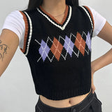 Sweat Cute Y2K Sleeveless Tank Sweater Vest Vintage Argyle Crop Top V Neck Jumper Women Plaid Preppy Style
