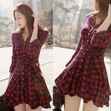 Womens Lady Long Sleeve Ruffles Office Ladies Casual Flannel Plaid Check Button Down Top Layer Shirt Dress-Outfit