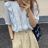 Sweet Lace Shirt 2021 V Neck Hollow Crochet Loose Women Tops Ruffle Stitching Blouse Short Sleeve Shirt and Blouse