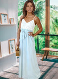 Printed Sweet V-neck Sleeveless Stripe Belted Maxi