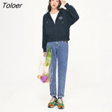 Women Coat with Hat 2022 Autumn Long Sleeve Loose Hooded Sweater Letter Embroidery Jacket Casual Streetwear