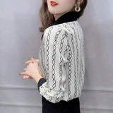 Lady Striped Chain Printed Blouse Casual Single-breasted Spring Autumn Long Sleeve Female Clothing Lapel Spliced