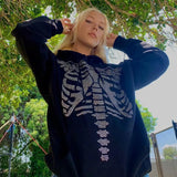 Goth Black Oversized Hoodies Women Techwear Skulls Diamond E Girl Y2K Pullovers Long Sleeve Casual Autumn